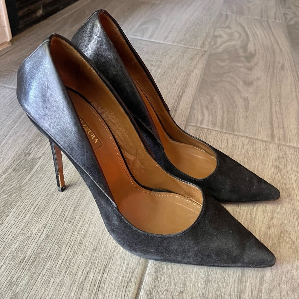 AQUAZURRA | Black Pointed Toe Leather Suede Black Heels Size: 9